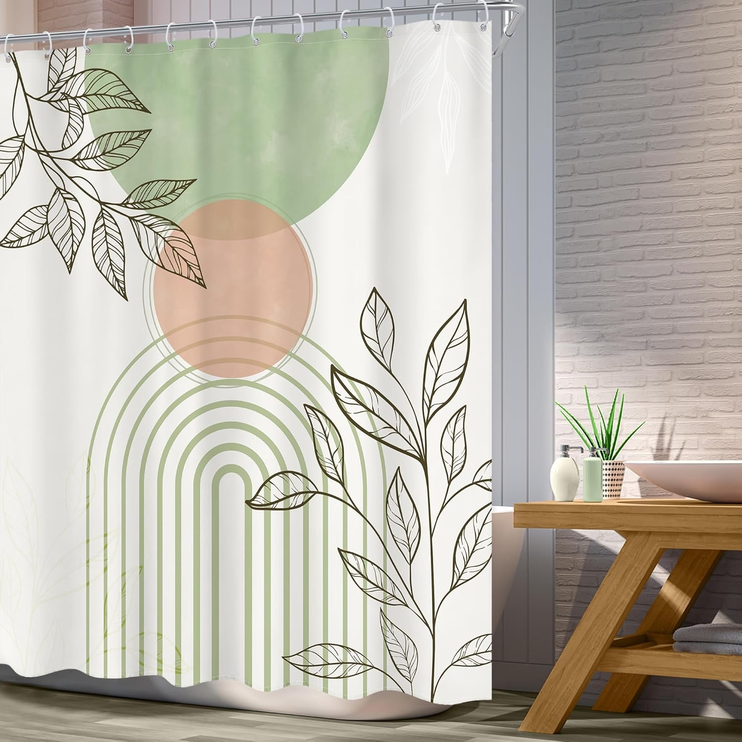 Sage Green Boho Shower Curtain 72Wx72L Inch Mid Century Modern Abstract Leaves Minimalist Geometric Arch Sun Shower Curtain Bathroom Set Plant Bath Curtain Bathtub Accessories Home Decor