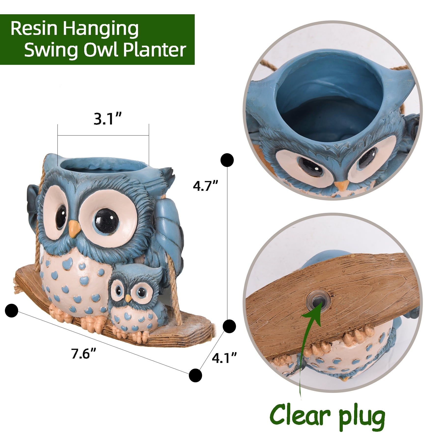 Quoowiit 4.72" H Owl Hanging Planter, Round Resin Succulent Pot with Drainage Holes, Animal Print Indoor Outdoor Decor