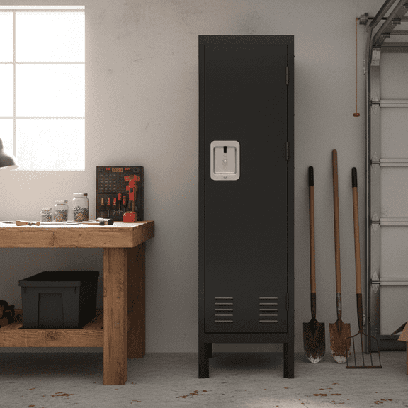 Tall Single Door Metal Locker - Industrial Retro Style Storage Cabinet with 2 Shelves, Ventilation Holes, for Living Room, Bedroom, Home Gym, Garage & Office Organization, 54”H x 15”W x 14”D, Black