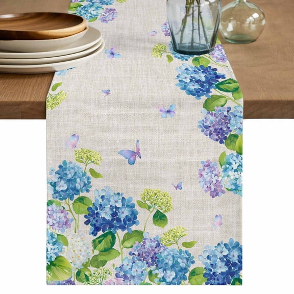 Blue Hydrangea Cotton Linen Table Runner for Dining Kitchen, Linen Texture Butterfly Spring Floral Wedding Outdoor Party Tablerunners Decoration, Dresser Scarf Coffee Tablecloth Runners 13x72 Inches