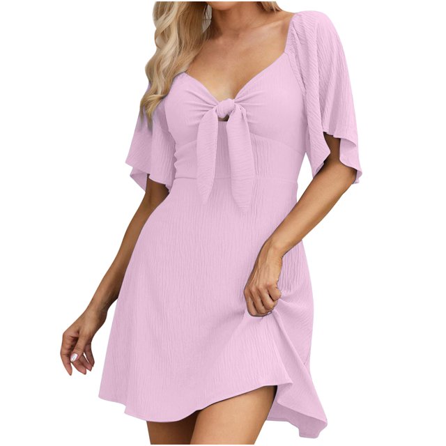 Staron Robe Rose pour Femmes Manches Courtes Élégante Nœud Papillon Mini Ligne A Robes Fluides Fête Plage Robe d'Été Col en V Profond S