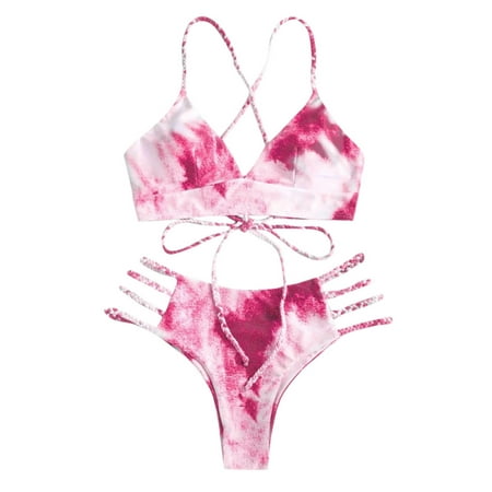 Swimsuits for Women Tie-Dye Print Filled Bra Backless Beachwear Bikini Set Pink Bathing Suits for Women S