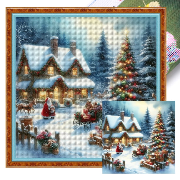 Hilo Algodón Ecológico Bordado 11CT Punto Cruz Cabaña Navideña 50x50cm