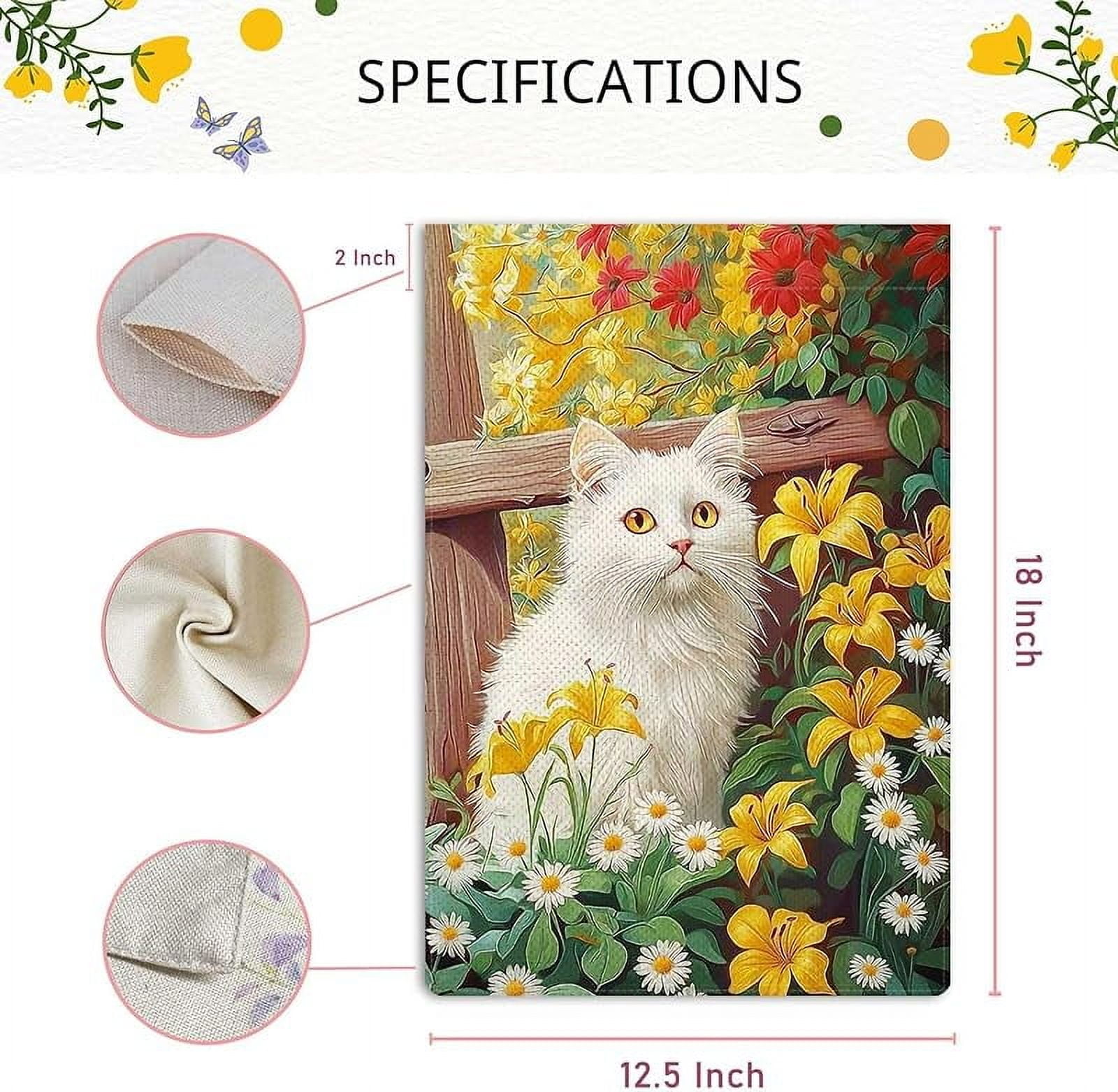 Spring Cute White Cat Garden Flag Spring Summer Floral Flowers Garden Flag Vertical Double Sided Rustic Farmland Burlap Yard Lawn Outdoor Decor