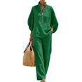 thumbnail image 4 of 2 Piece Outfit for Women Stand Collar Half Zip 3/4 Batwing Sleeve Blouse Matching Wide Leg Pants Solid Linen Look Casual Travel Suit for Spring Summer Vacation Daily Wear, 4 of 5