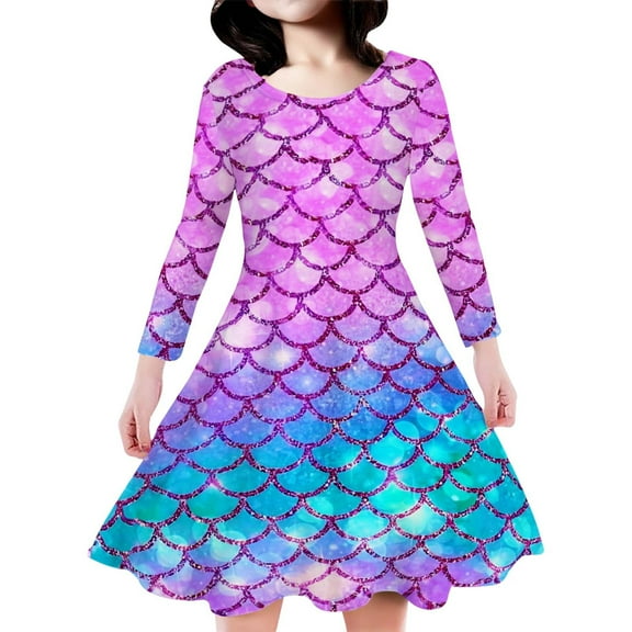Gyexs Girls Scallop Print Long Sleeve Dress for Kids Stylish Pattern Midi Dress for Big Girls 6-7 Years