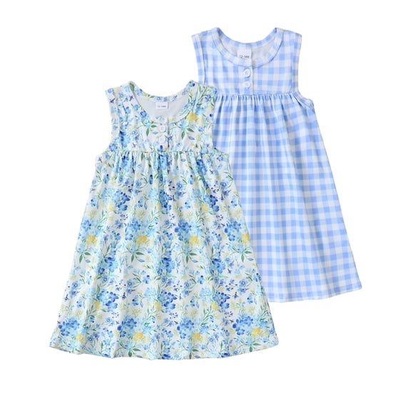 Toddler Girls 2PCS Floral Dress 18 Months Girls Summer Dress 24 Months Girls Sundress Sleeveless Dress Plaid Dress Blue