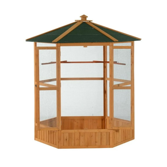Spaco 69" Wooden Hexagonal Outdoor Aviary Flight Bird Cage With Covered Roof, Bird Cage, Brown