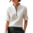 thumbnail image 3 of Delayuji Women's Blouse Stand Collar Contrasting Colors Short Sleeve Shirt Business Casual Outfits Laides Blouse Tshirt Shirt for Women Work Shirt White M, 3 of 6