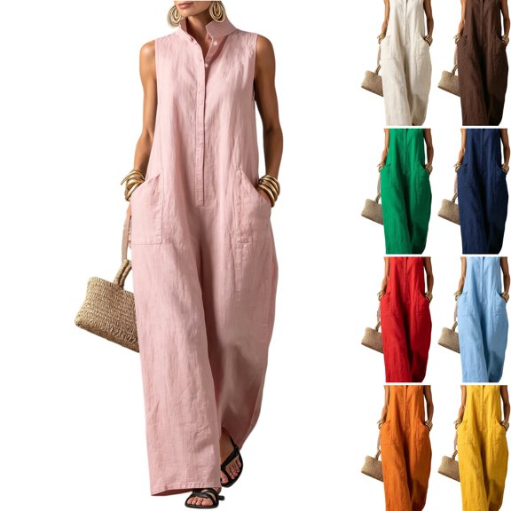 WULMLEO Summer Overalls Women Cotton Linen One Piece Sleeveless Stand Collar Button Front Rompers Casual Trendy Loose Fit 2026 Romper with Pockets Pink XL