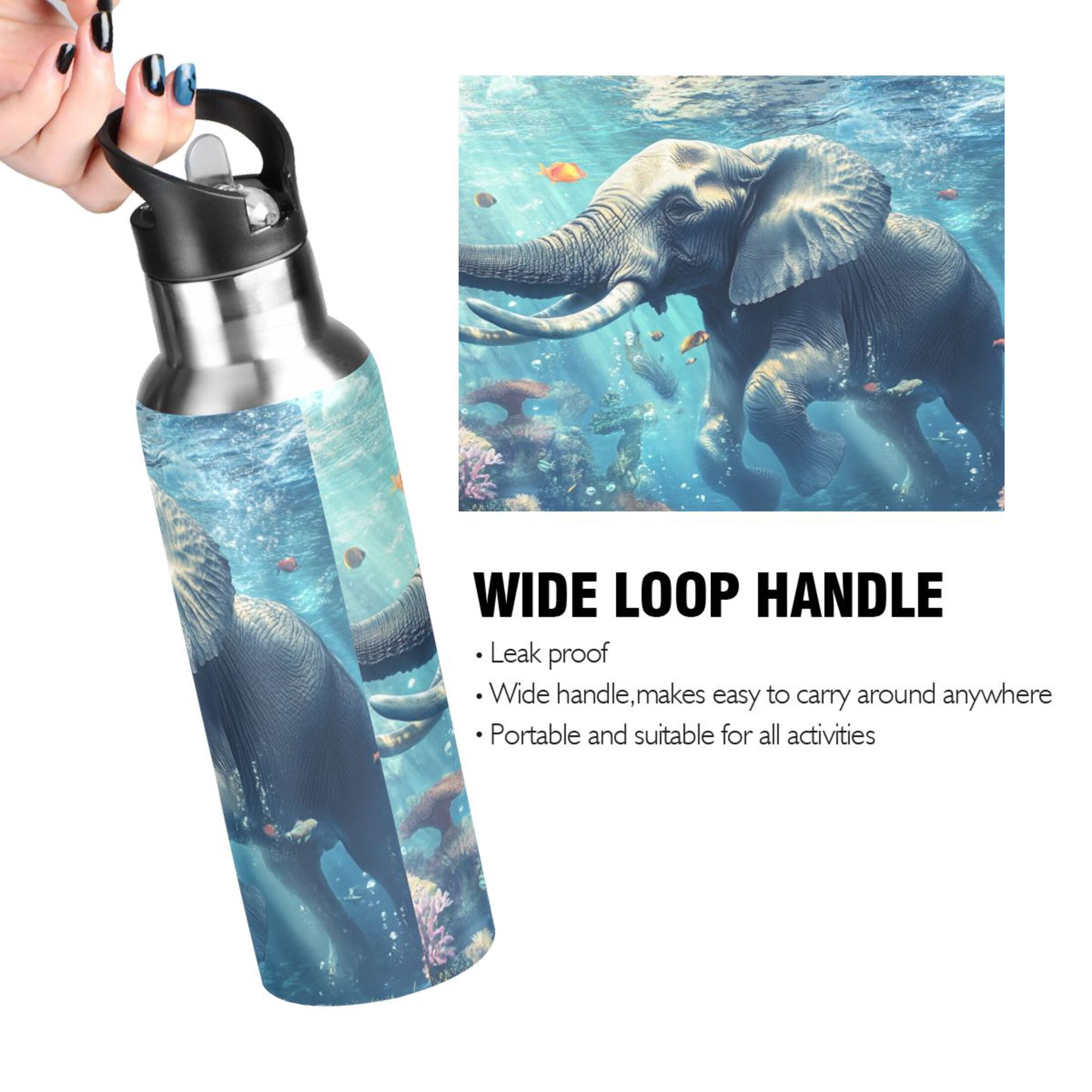 Elephant Swimming under Sea Sports Bottle with Straw Stainless Steel Water Jug Portable Thermal Cup Leak-proof 1000ML