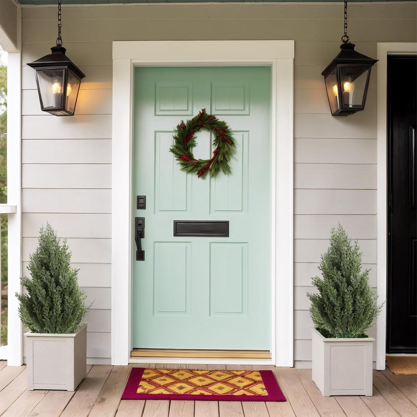 16" Artificial Cypress Topiary Tree with Ground Spike, Fake Shrubs UV Resistant Artificial Cedar Bushes, 1 Pack Faux Plants for Indoor Outdoor Front Porch Garden (Green)