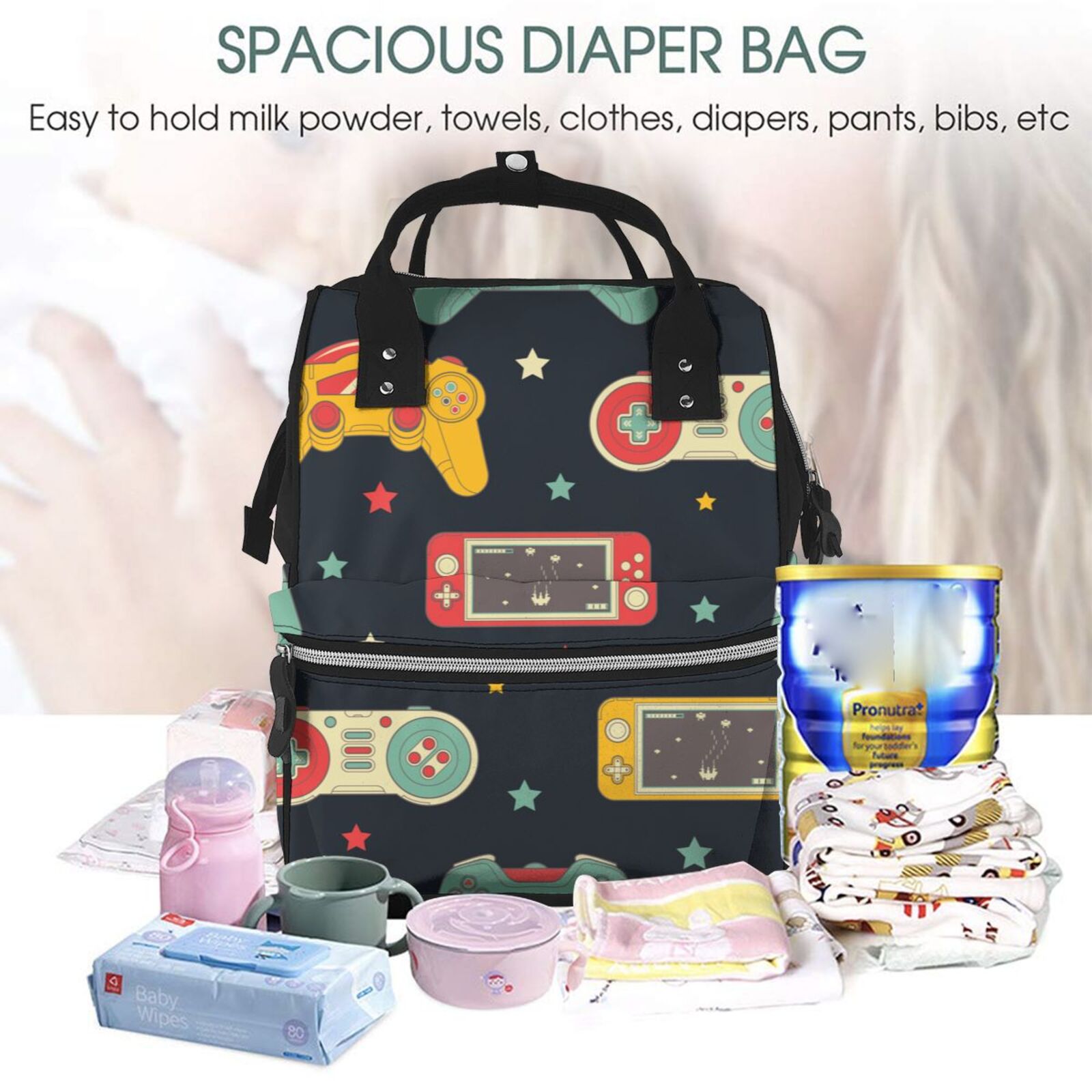 Fuzoiu Retro Video Game Print Diaper Bag Backpack,Baby Essentials Travel Tote,Multi function Waterproof Diaper Bag, Travel Essentials Baby Bag - Unisex