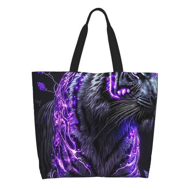 Fotbe Purple Plant White Tiger Bolsa Tote Estética de Lona con Estampado para Mujer - Bolsa Reutilizable de Hombro Casual para Vacaciones, Compras, Trabajo y Gimnasio