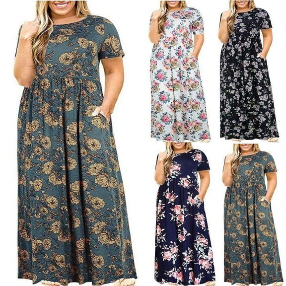 Kmdttou Plus Size Women Casual Summer Short Sleeve Print Loose Pocket Long Dress with Pockets (Size:XL-5XL)