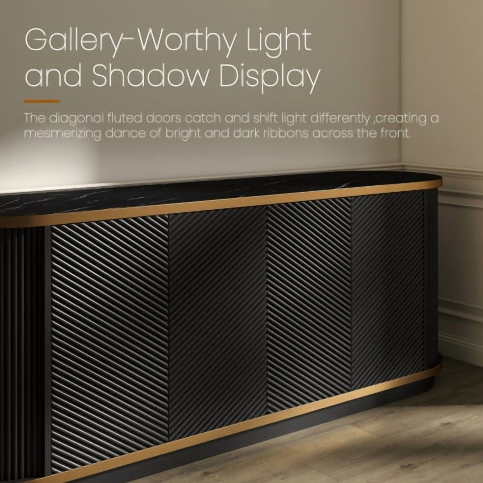 63" Diagonal Fluted Sideboard Cabinet with Gold Trim & Faux Marble Top – Buffet Credenza TV Stand for Living Room, Dining Room, Black