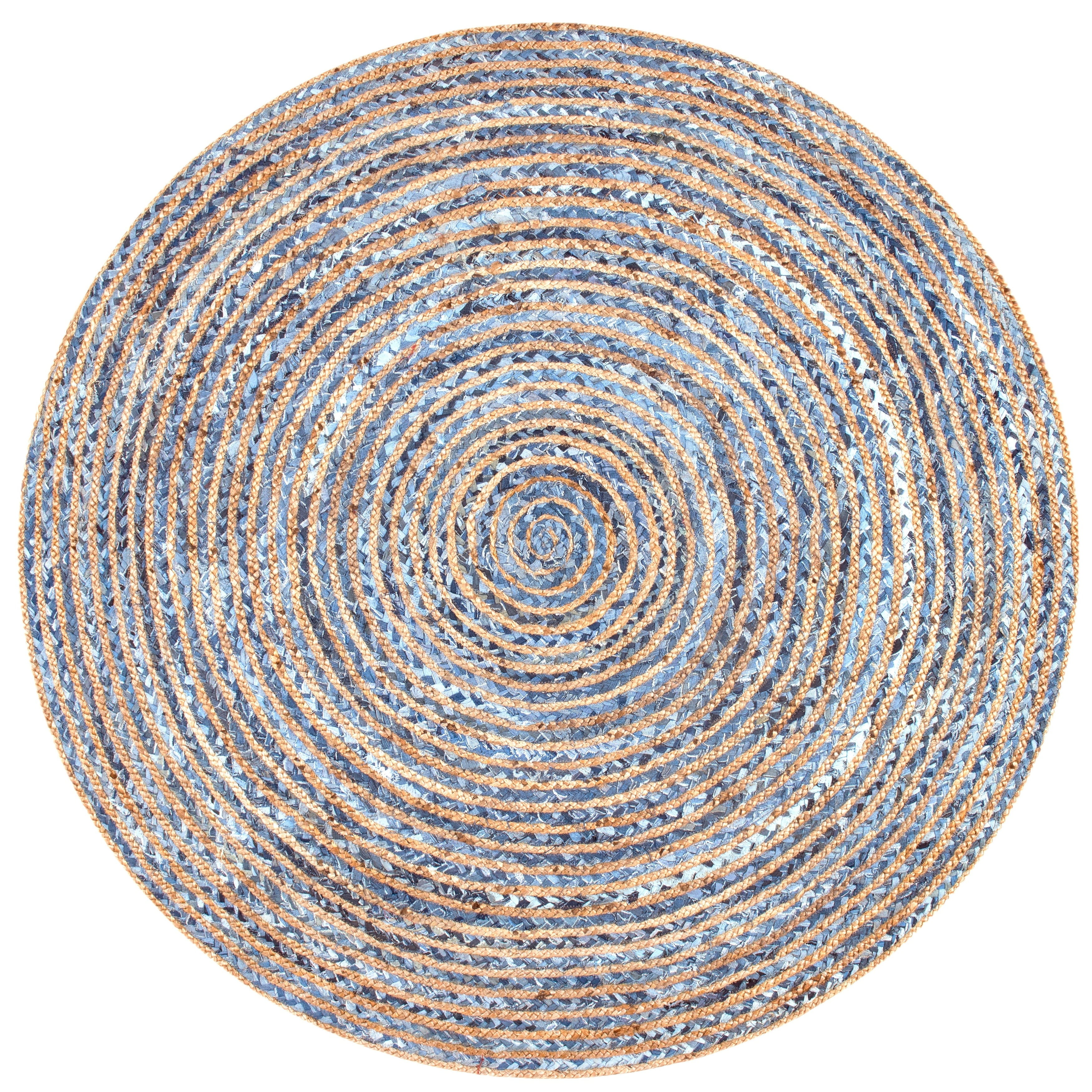 Indian Handmade Braided Blue Color Cotton, Denim with Natural Jute Round Rugs , Home Decor Carpet Size 2 x 2 Feet Round ( 60 cm x 60 cm)