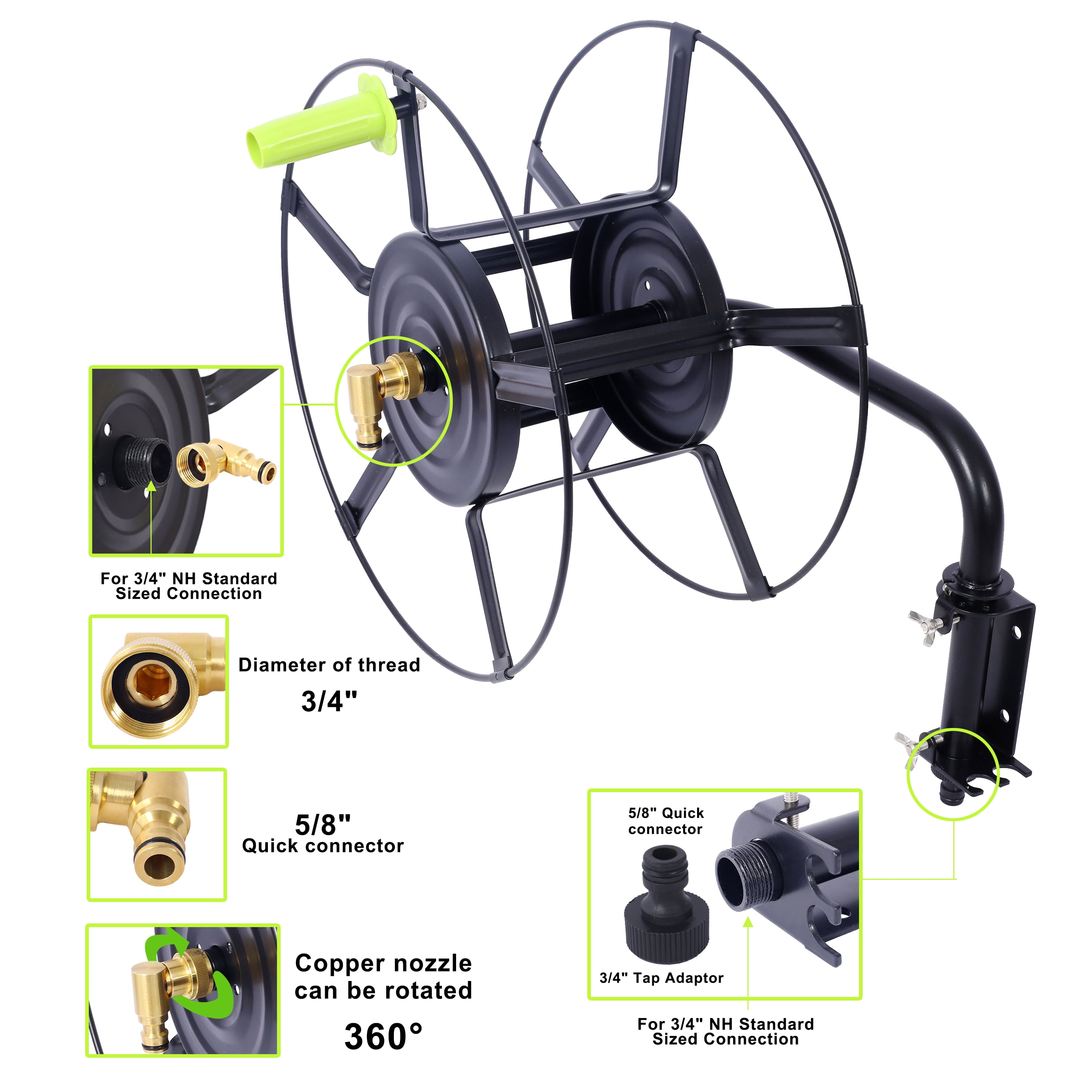 Wall Mount Hose Reel with 180 Degree Swivel, Holds 82 ft of 5/8" Garden Hose, Heavy Duty Steel Hose Holder for Garage, Yard & Car Wash Storage | Includes Quick Connect Couplers, Easy Install