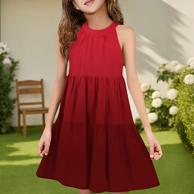 NTACZA Robe Fille Ado Sans Manches Décontractée à Encolure Haler Robe d'Été Jeunesse Plissée Évasée Ombre Robe Midi 120