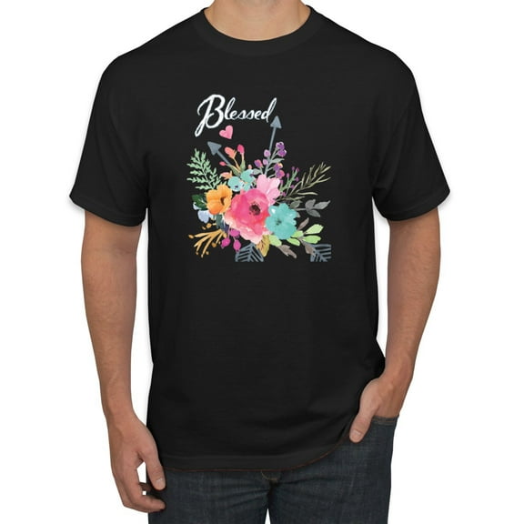Cute Hearts and Flowers Blessed Inspirational/Christian Men's Graphic T-Shirt, Black, Small
