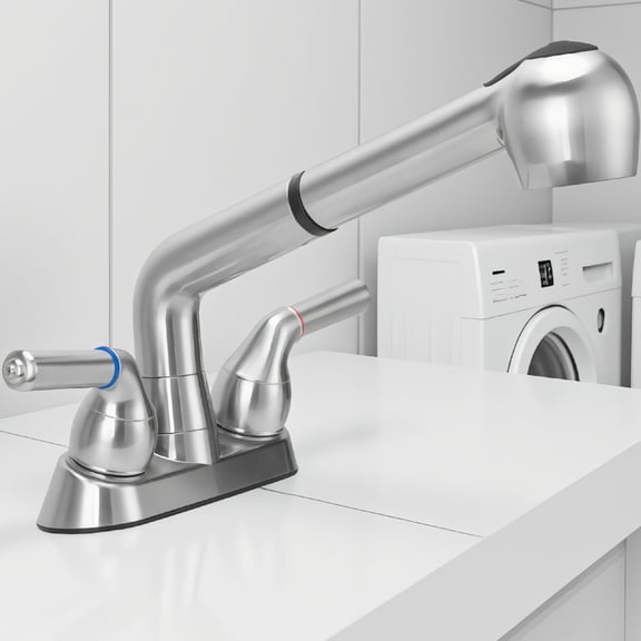 1-Set Utility Sink Faucet with Pull Out Sprayer, Handle, 4 Inch Centerset, ABS Plastic, Chrome