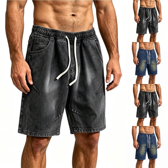 Men's Casual Denim Shorts Washed Stretch Jeans Shorts, Elastic Waist Loose Fit Knee Length, Soft Breathable Versatile Solid Color, for Summer Daily Beach Outdoor Essentials