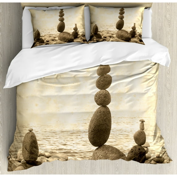 Ocean Duvet Cover Set King Size, Coastal Shore Calm Water Zen Print Sepia Big and Small Rocks Pebbles Grunge Artsy, Decorative 3 Piece Bedding Set with 2 Pillow Shams, Beige Brown, by Ambesonne