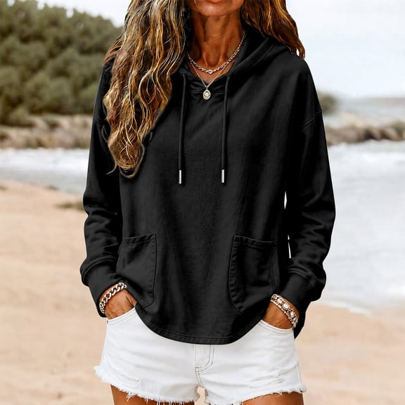 Black Hoodies for Women Hoodies Pullover Casual Thin Sweatshirts with Pockets Loose Fit Long Sleeve Hoody Sweatshirt