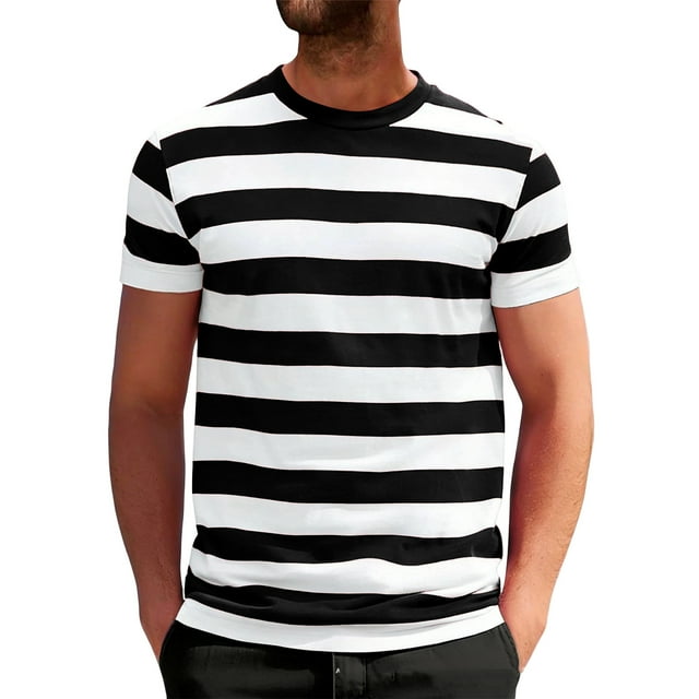 T-Shirt Décontracté à Rayures pour Hommes, Col Rond, Manches Courtes, Ajusté, Tissu Doux, Été, Plage et Rue, Noir, P