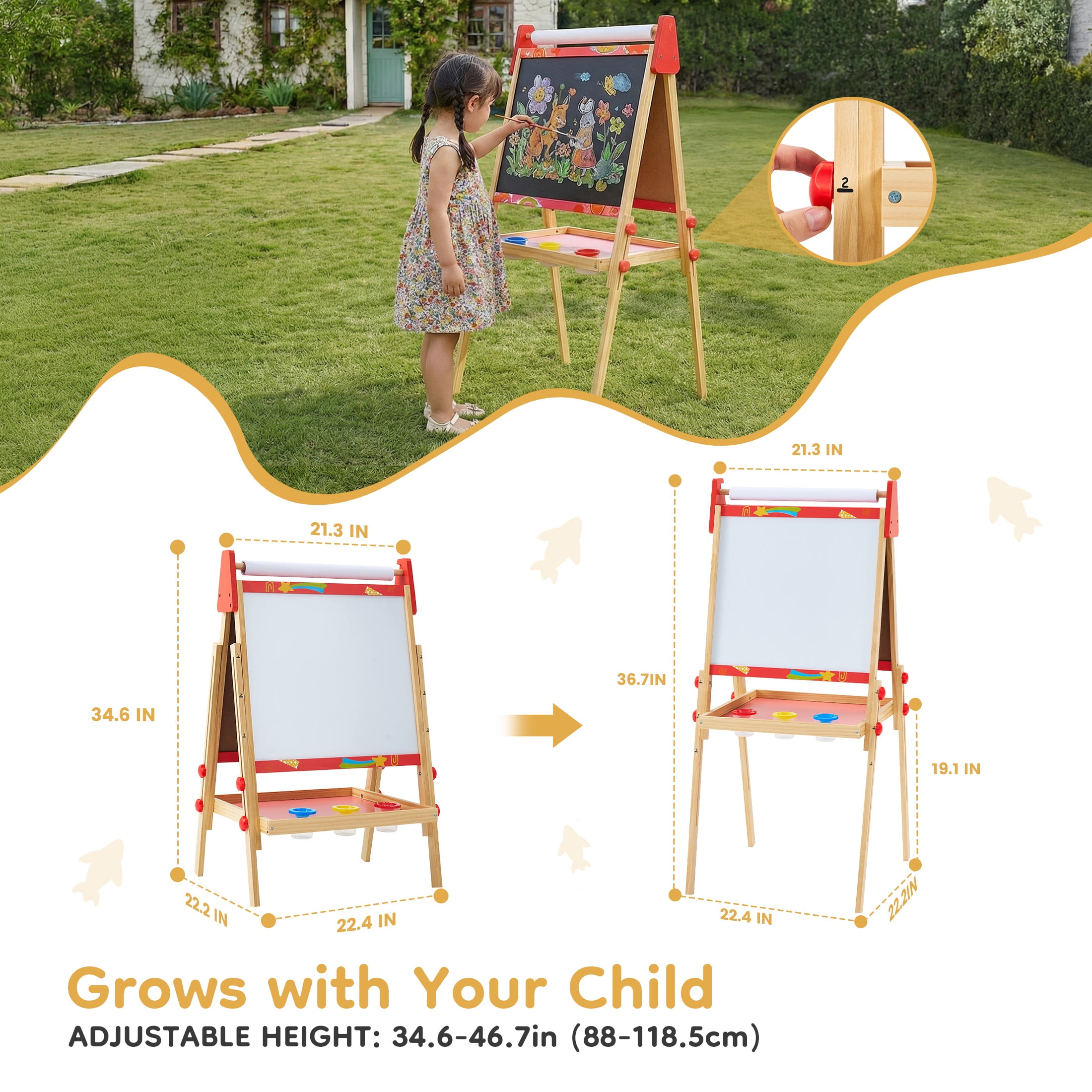 CONCETTA Kids Easel, Double-Sided Magnet Whiteboard & Chalkboard with Paper Roll, Storage Shelf & Accessories, Red