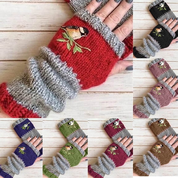 Women Winter Gloves, Fashion Cute Bird Embroidered Soft Knit Hand Warm Fingerless Mitten for Office Computer Working