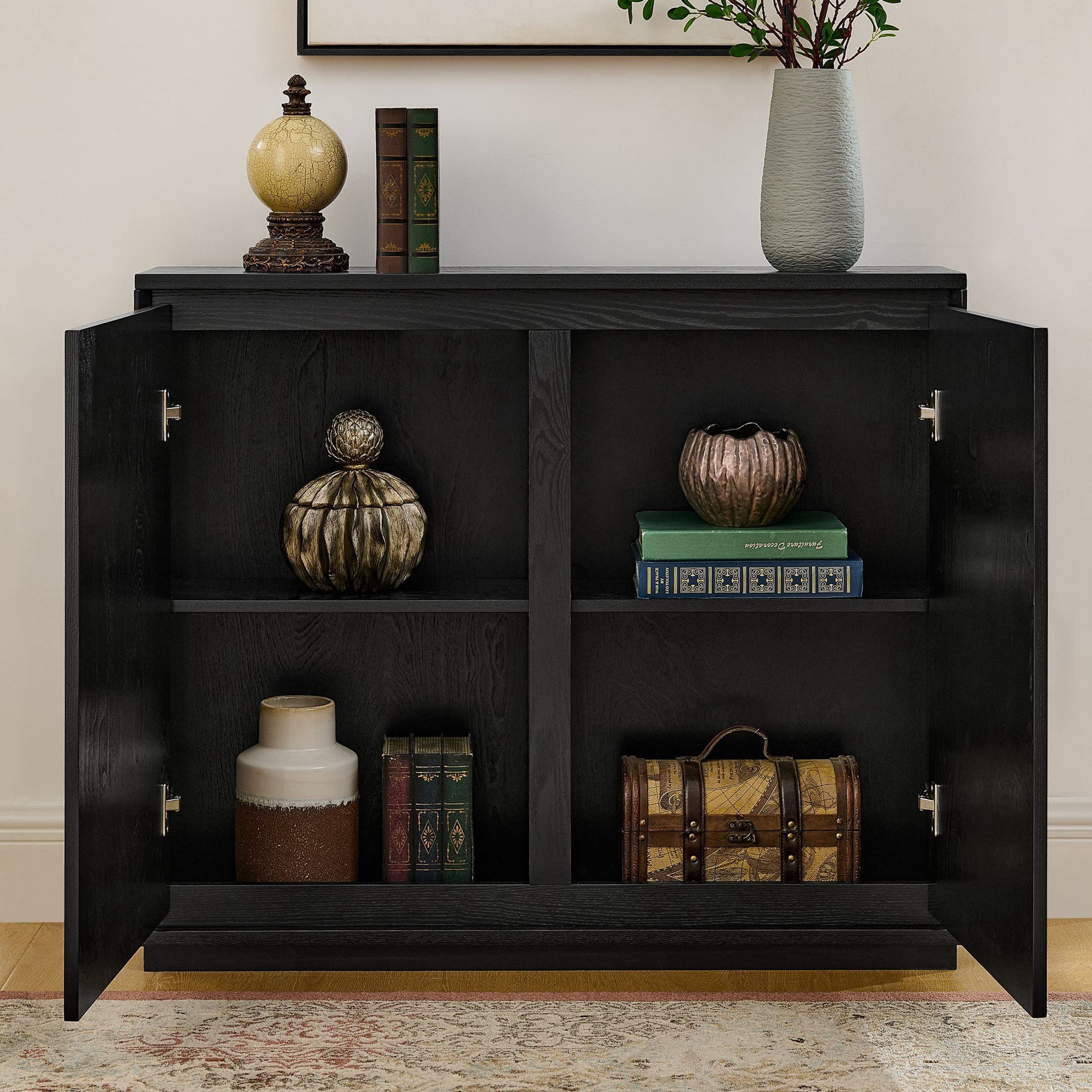 GDF Studio 39" Mid Century Modern V-Shaped Fluted Sideboard Cabinet with Outlet Holes, Black