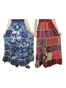 Mogul 2 Bohemian Vintage Patchwork Maxi Skirt Floral Print Blue Red Rayon Boho Chic Gypsy Long Skirts