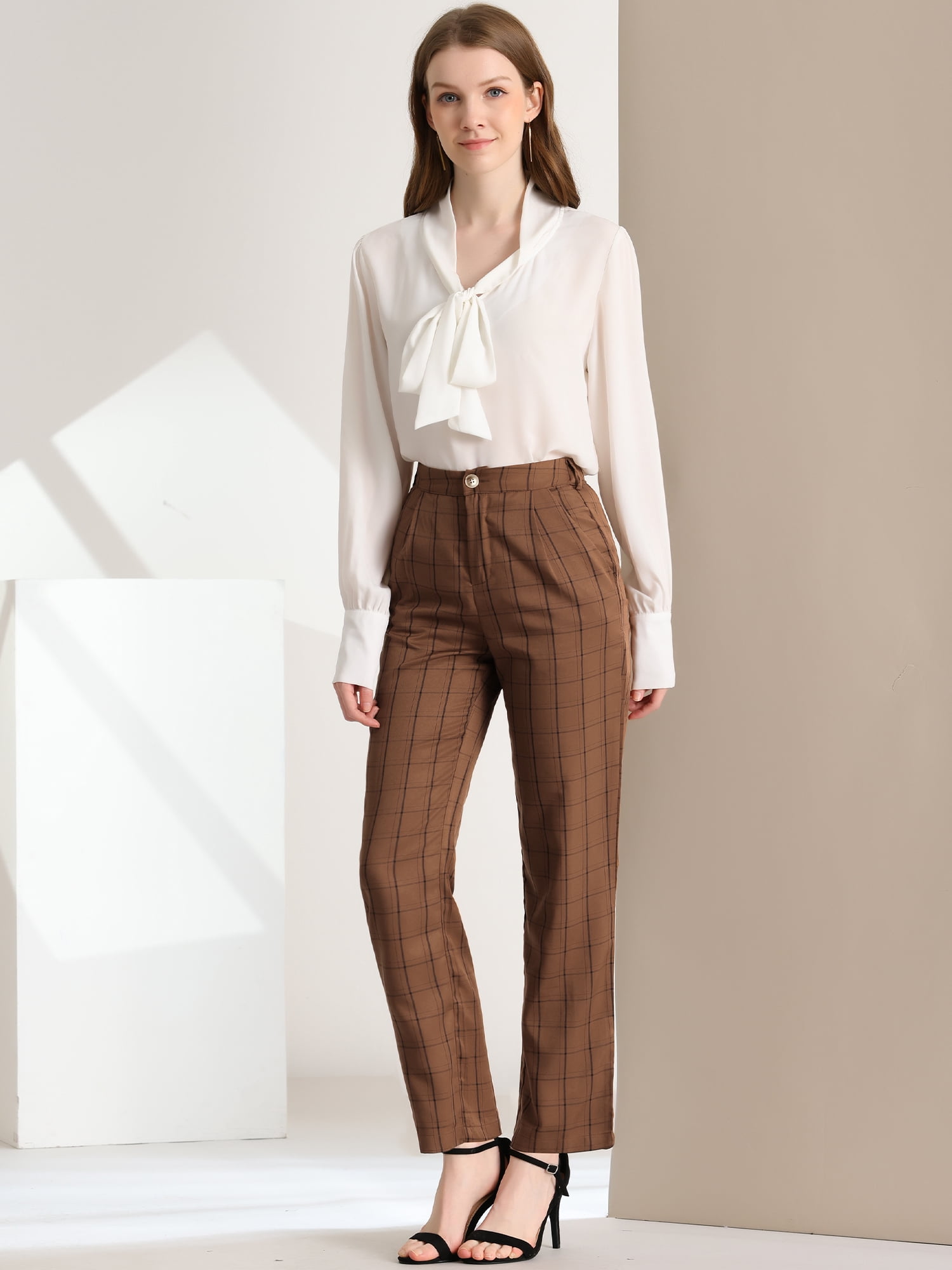 DARING DIVA Women's Plaid Trousers Pockets Straight Leg Casual Pant XS Dark Brown black
