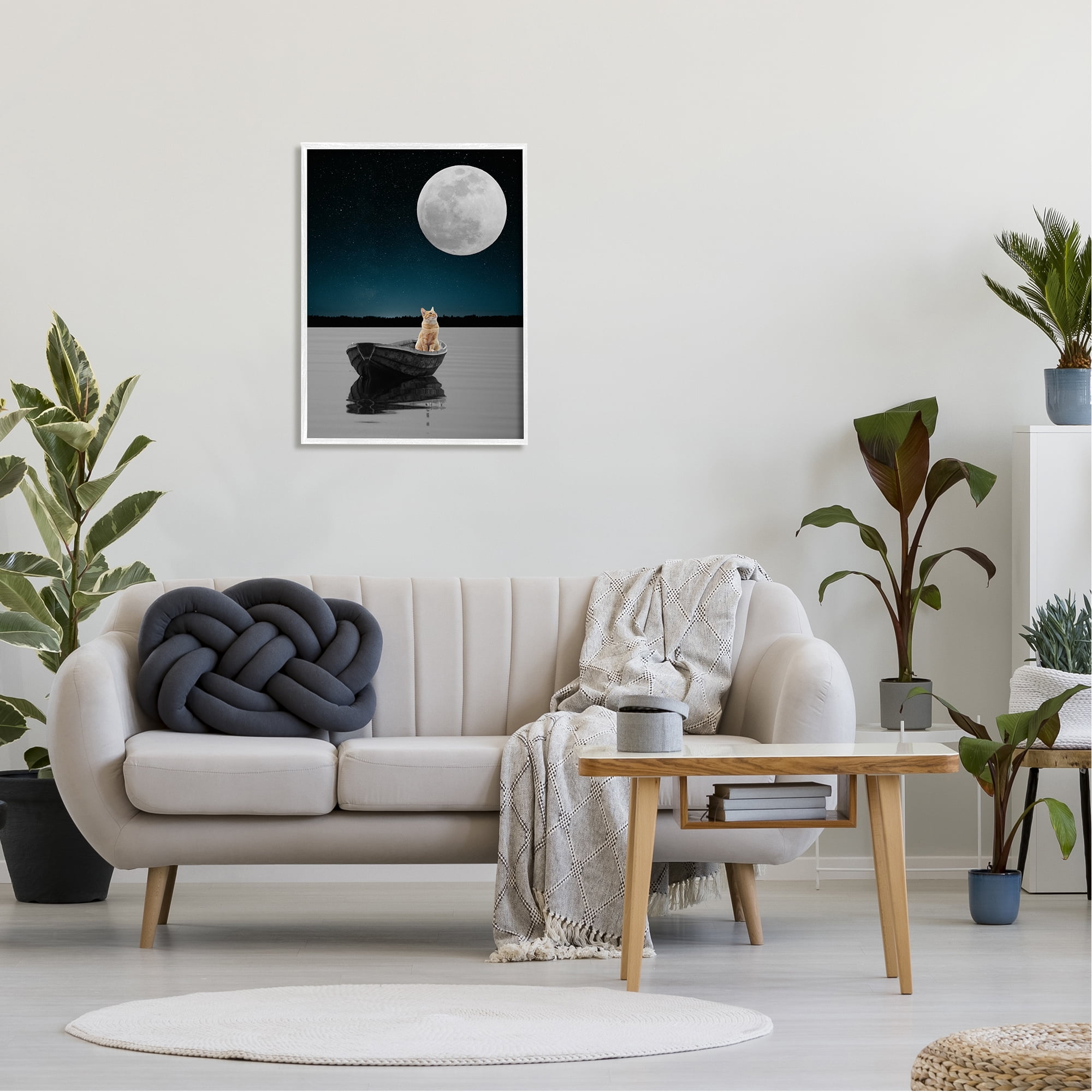 Stupell Industries Orange Cat Floating Rowboat Nighttime Moon Lake Scene , 24 x 30, Design by Atelier Posters