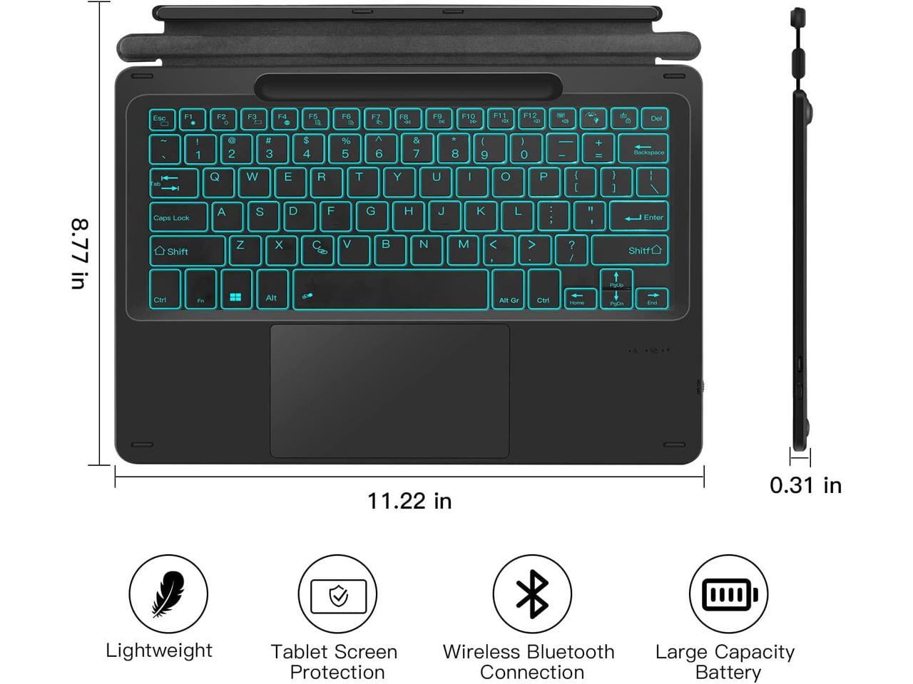 Type Cover for 13 inch Microsoft Surface Pro 9 / Pro 8 / Pro X, Wireless Thin Bluetooth Keyboard with Trackpad, 7 Colors Backlit, Pencil Holder