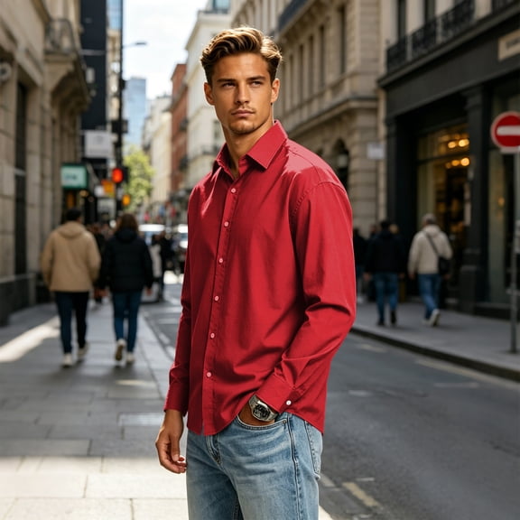Business Casual Dress Shirts For Men Solid Lapel Collar Long Sleeve Button Down Regular Fit Poplin Material Fall Work Shirts Wide Color Range