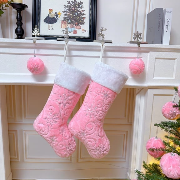 Large Pink White Plush Christmas Stockings,Deluxe Fuzzy Pink Textured Christmas Stockings Hanging Ornaments Candy Gift Bags for Xmas Fireplace Holiday Decorations