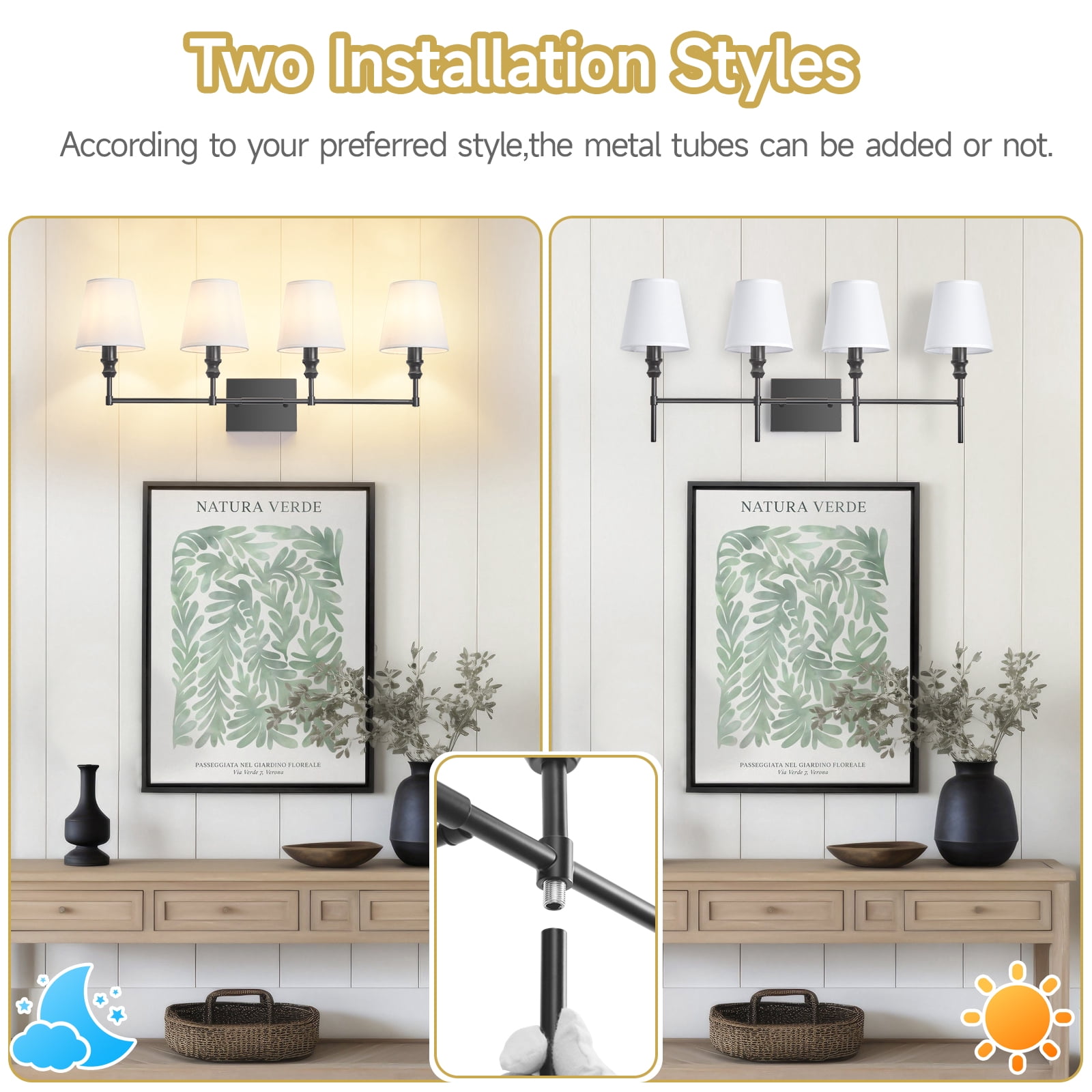 Black Bathroom Vanity Light 4 Light，32.3In Vintage Bathroom Light Fixtures Over Mirror,Hardwired Vanity Wall Sconce with Flared White Fabric Lampshade for Bedroom,Living Room,Foyer,E12 Base