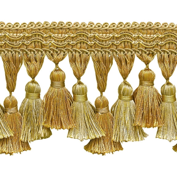 3 3/4" (9.5cm) Imperial Scroll Gimp with Soft Sheen Tiered Tassel Fringe Trim # TFI2,, Rustic Gold #4975 (Light Gold, Beige Gold, Yellow Gold) Sold By The Yard (36"/3 ft/0.9m)