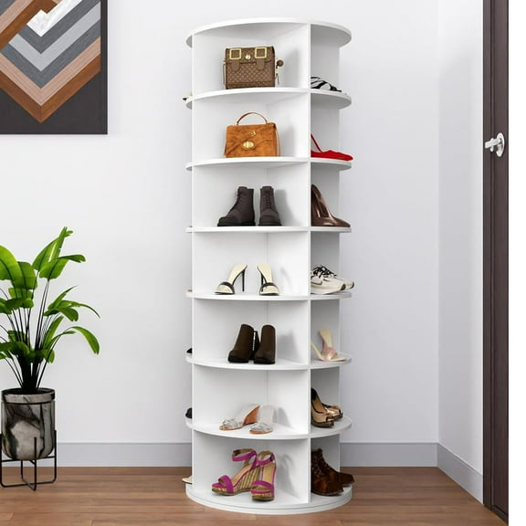7 Tier White Rotating Shoe Rack Tower, 360 Degree Spinning Storage Organizer for Shoes and Handbags