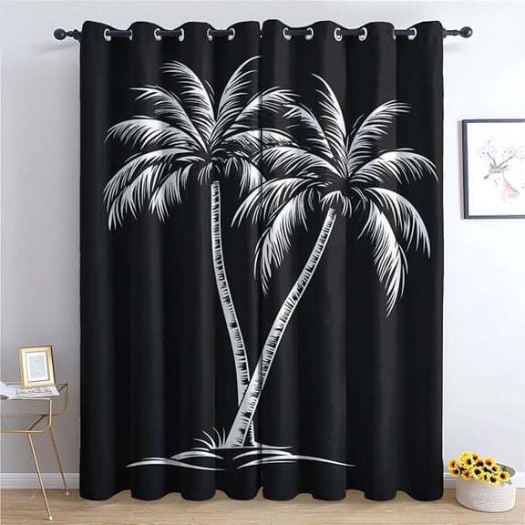 Palm Tree Blackout Curtains For Bedroom Living Room, Tropical Curtains & Home Decor, Black And White Window Curtains, Thermal Room Darkening Grommet Drapes 26"W x 54"L (Pack of 2)