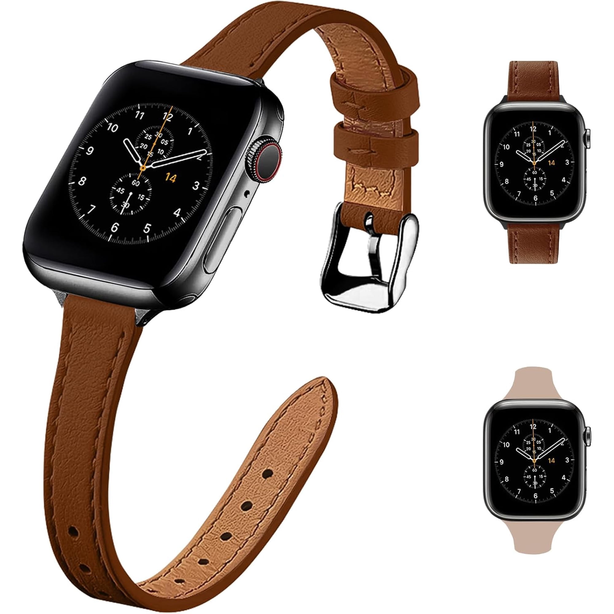 2 Pack Slim Leather Watch Bands Compatible with Apple Watch Band 38mm 40mm 41mm 42mm 44mm 45mm 49mm,Top Grain Leather Band Slim&Thin Replacement Wristband for Iwatch Ultra Series 8 7 6 5 4 3 2 1 Se