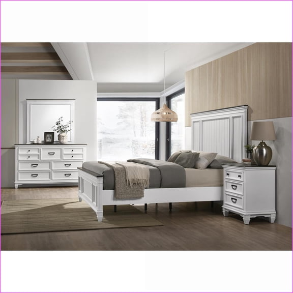 5-Piece Queen Modern Farmhouse Bedroom Set, Solid Wood Weathered White | Wood | Standard Beds
