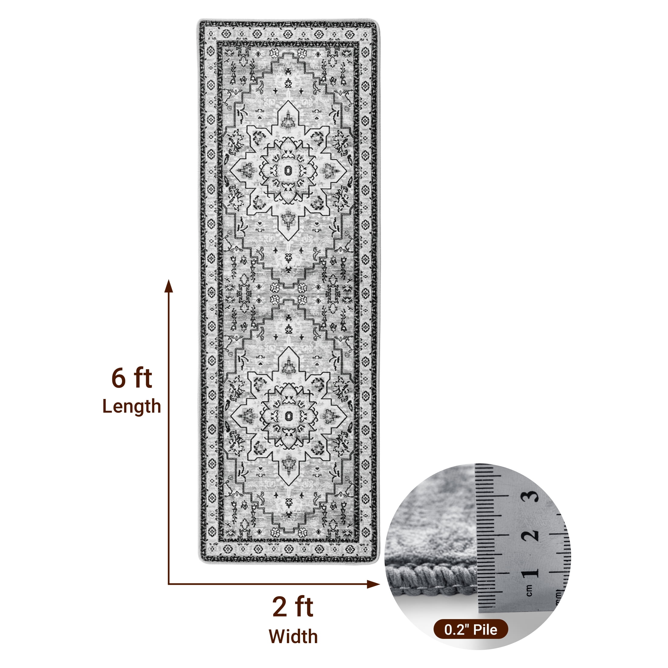 Sonoro Kate 2x6 Area Rugs for Living Room Bedroom, Non Slip Boho Machine Washable Indoor Floor Carpet, Gray