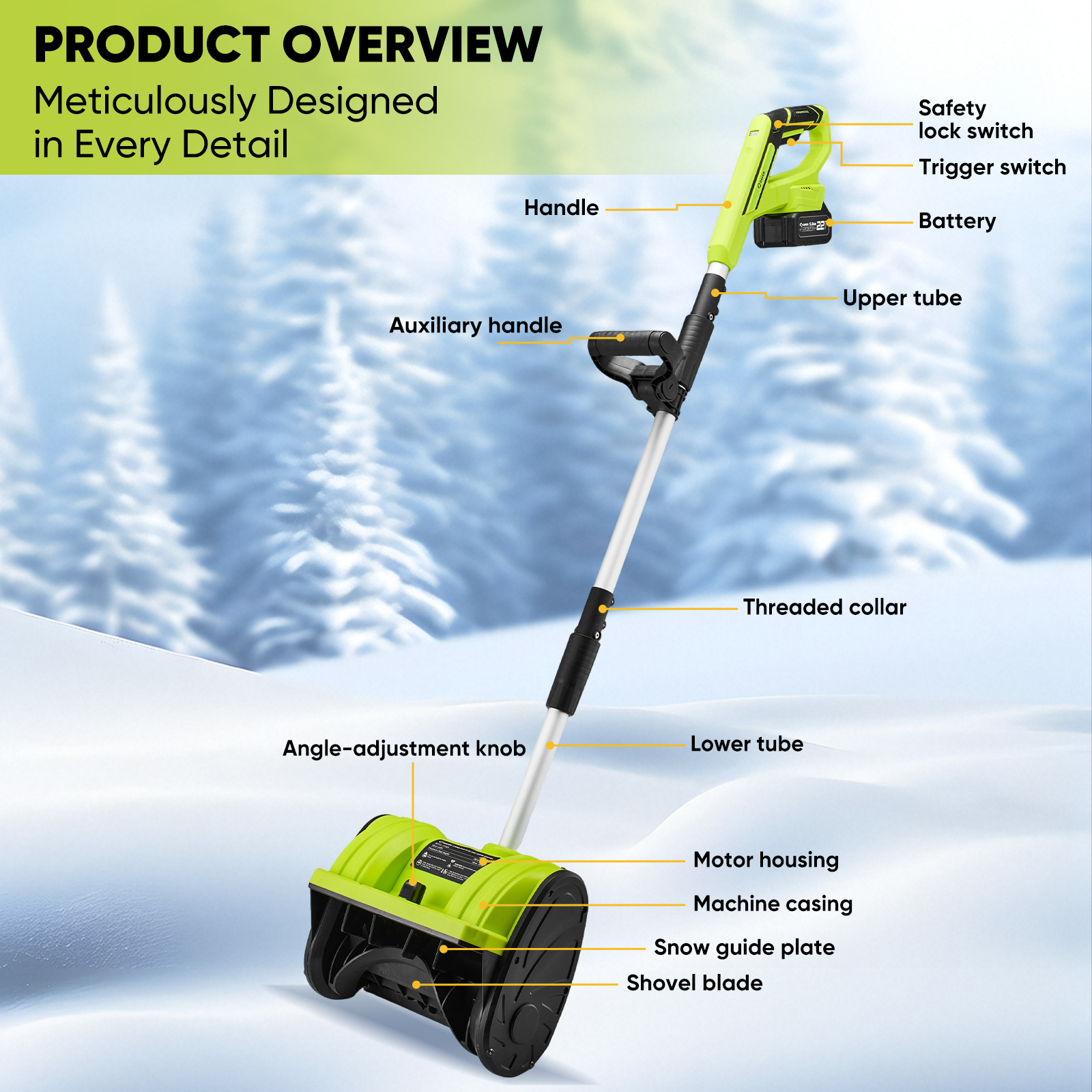 Saker 22V Cordless Snow Shovel, Electric Snow Shovel with 2x 5.0Ah Batteries, 12-Inch Cleaning Width, 6-Inch Cleaning Depth