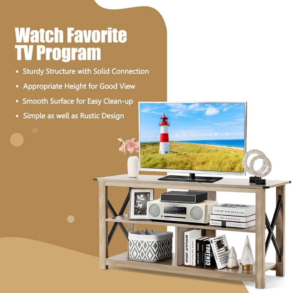 Finihen TV Stand, TV Cabinet, 3 Tier Wood TV Stand for 55-Inch with Open Shelves and X-Shaped Frame, Media Entertainment Center with Storage, for Living Room, Bedroom, Gray