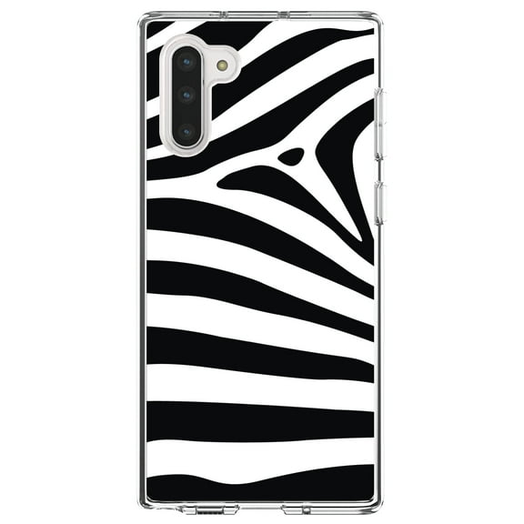 DistinctInk Clear Shockproof Hybrid Case for Samsung Galaxy Note 10 (6.3" Screen) - TPU Bumper, Acrylic Back, Tempered Glass Screen Protector - Black White Zebra Skin Stripes