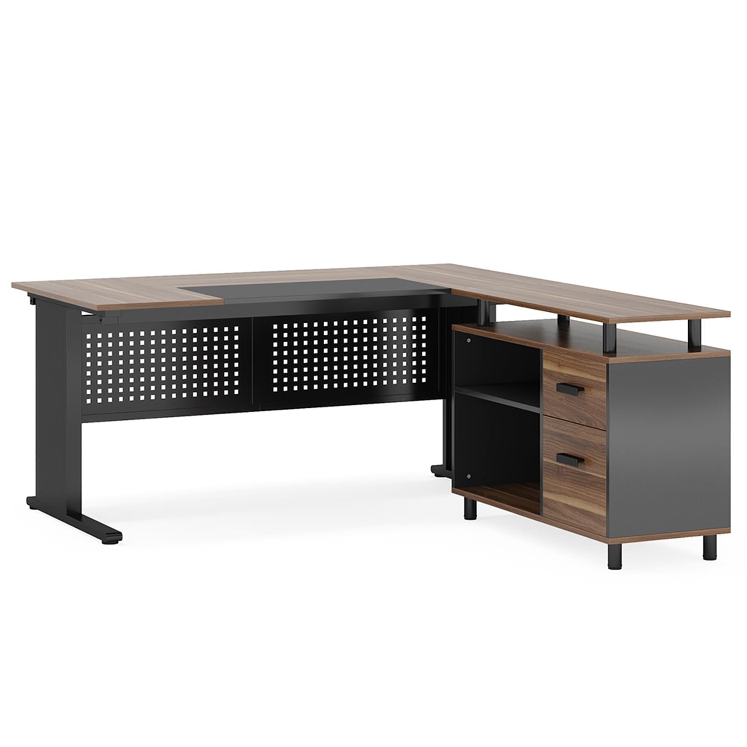 Demi Bonn 63" L-Shaped Computer Desk with File Cabinet and 2 Drawers, Corner Office Desk Study/Writing Table for Home Office Gaming, Beige & Black