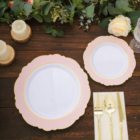 

Efavormart 10 Pack 10 Blush Rose Gold White Plastic Party Plates With Round Blossom Design Disposable Dinner Plates With Gold Rim
